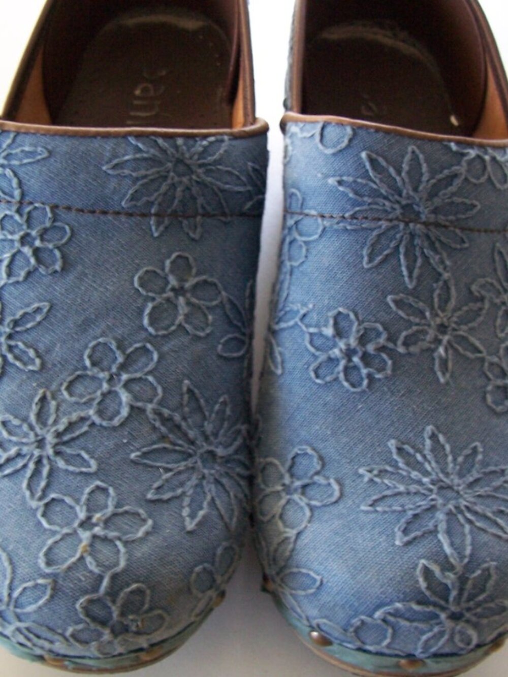 Sanita Clogs in Jean Fabric with same color Embroidered Flower Pattern  Size 8.5